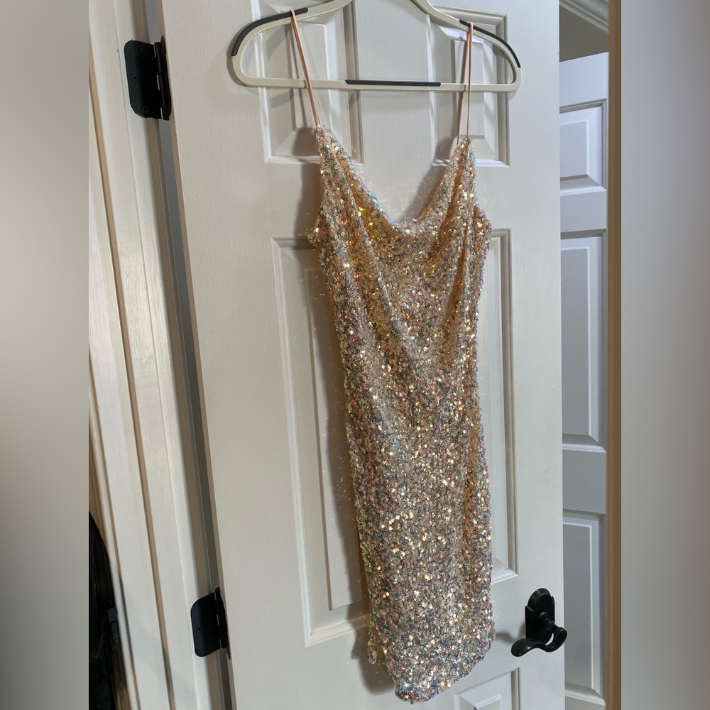 Rose gold iridescent sequin scoop-neck open-back mini dress
